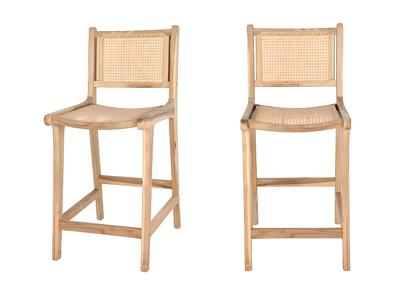 Basuki - Lot de 2 tabourets de bar en teck et cannage H65cm - Bois clair