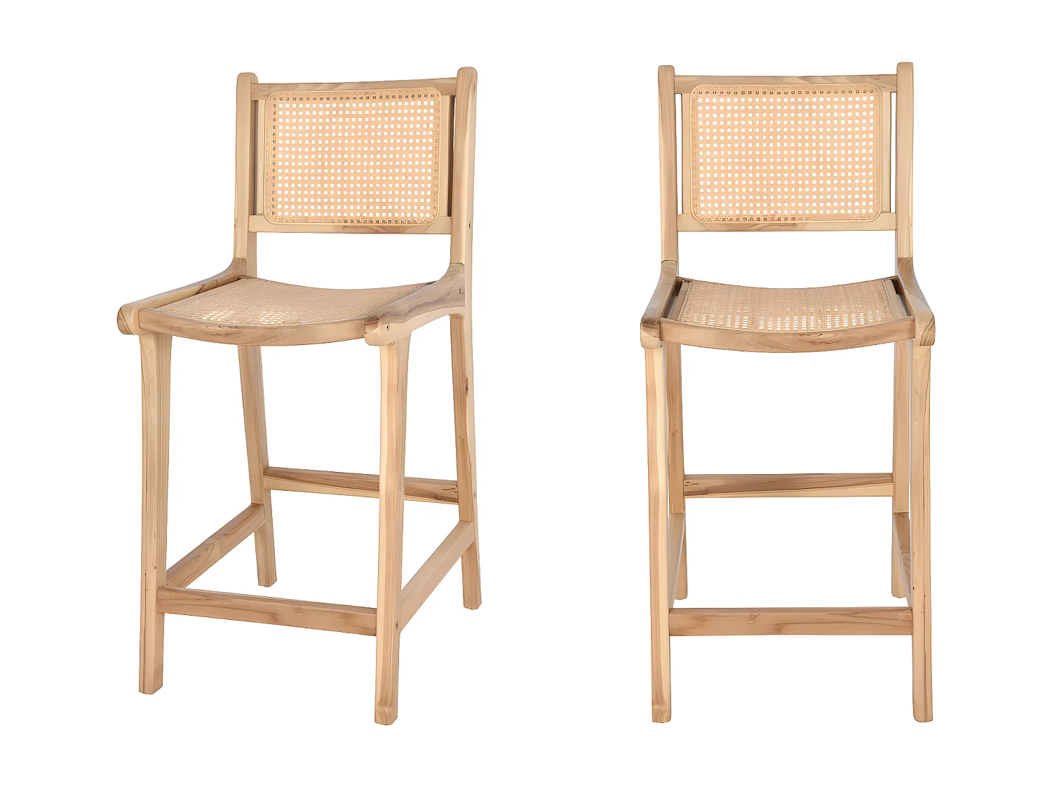 Basuki - Lot de 2 tabourets de bar en teck et cannage H65cm - Bois clair