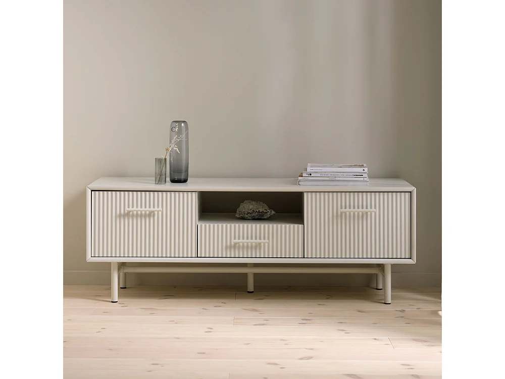 Jura - Meuble TV 2 portes 1 tiroir en bois et métal L140cm - Grège