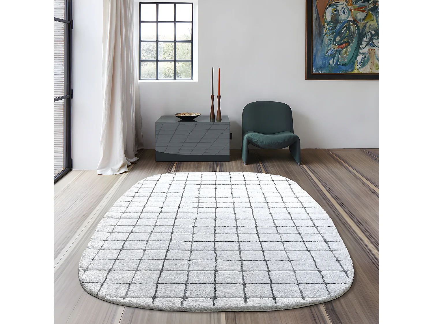 Byron VI - Tapis contemporain ovale -  Écru - 160x230cm
