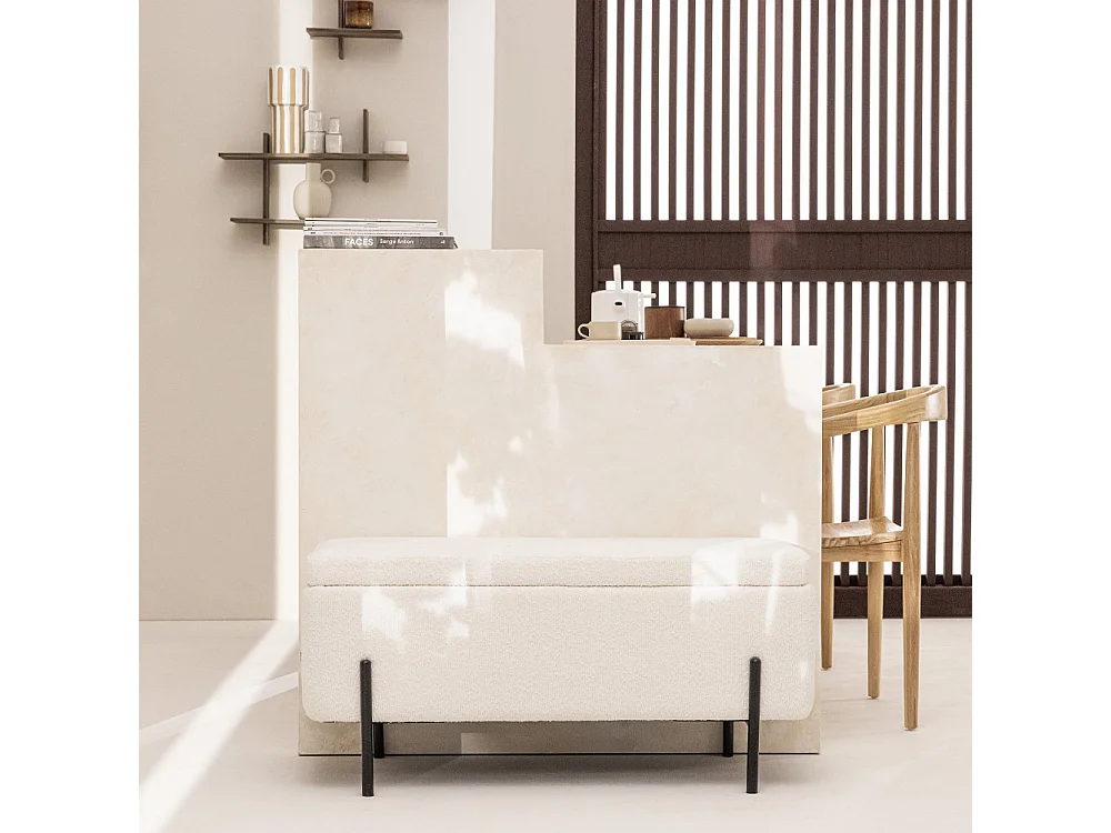 Kos - Banc coffre en tissu bouclette et métal L100cm - Blanc