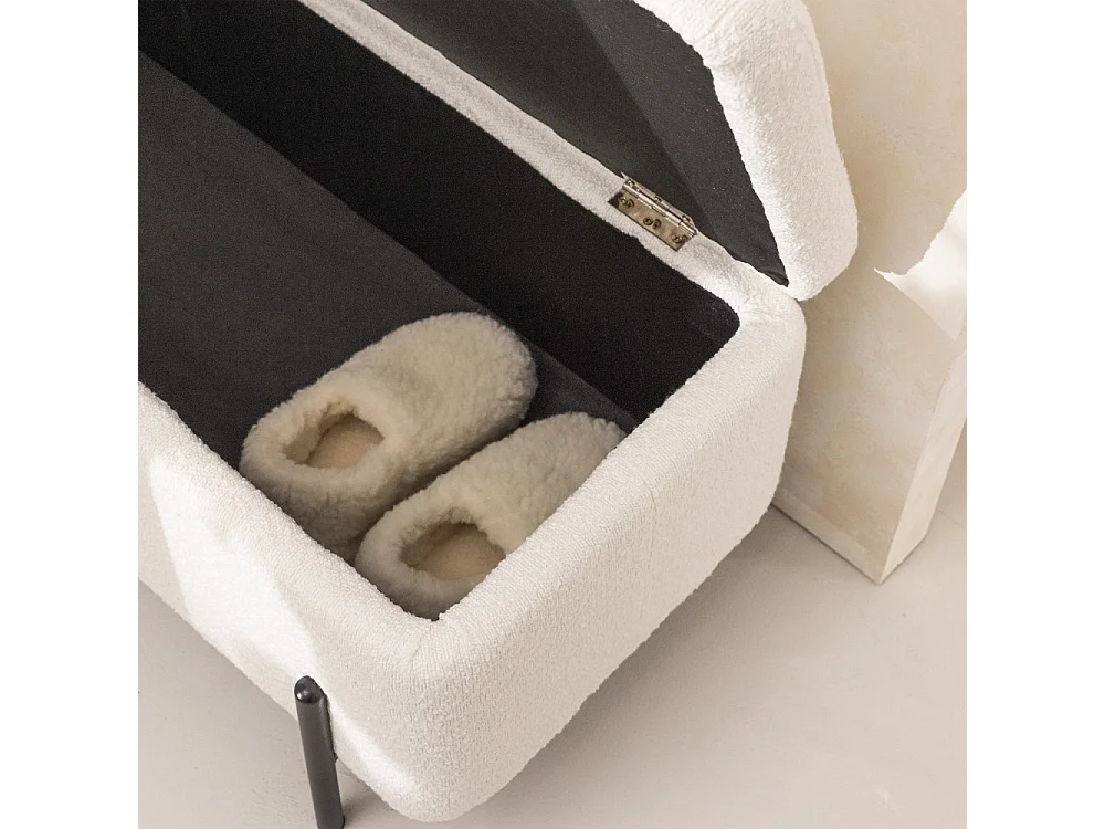 Kos - Banc coffre en tissu bouclette et métal L100cm - Blanc