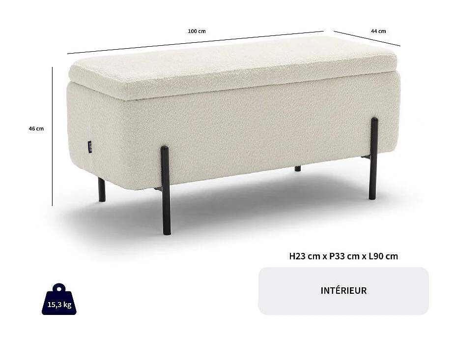 Kos - Banc coffre en tissu bouclette et métal L100cm - Blanc