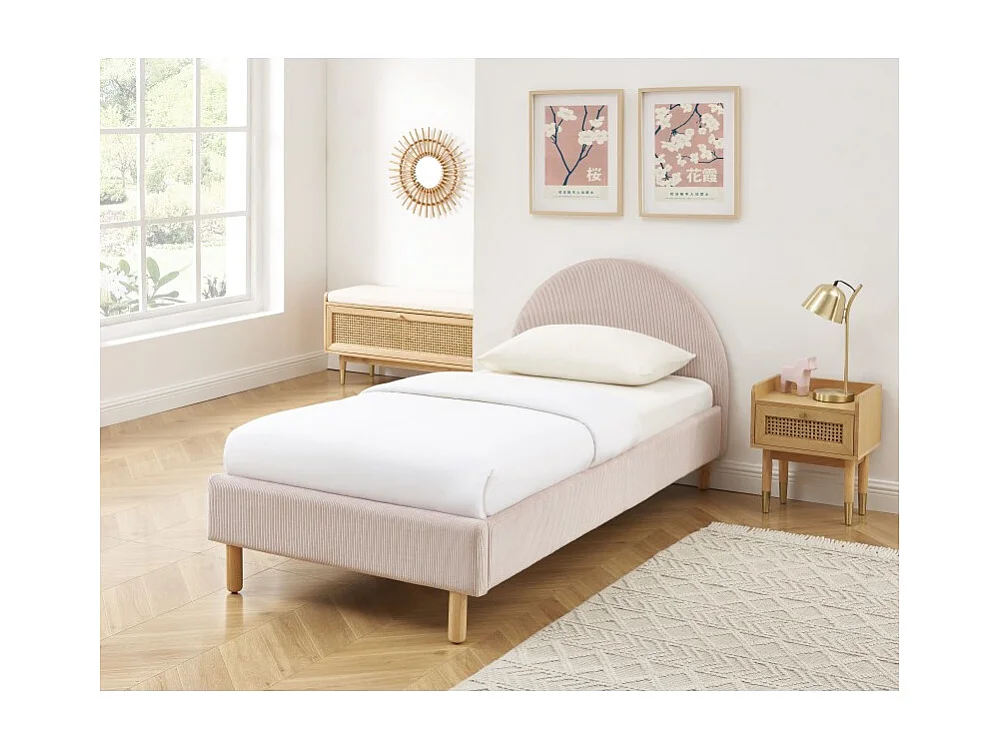 Lit enfant MAGNUS velours côtelé rose poudré 90x190 sommier inclus