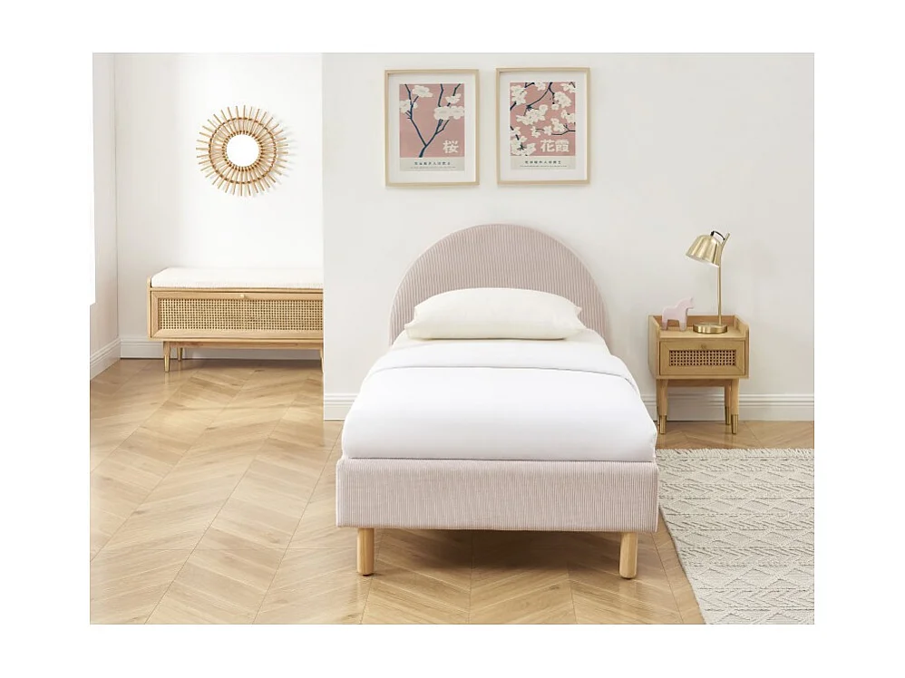 Lit enfant MAGNUS velours côtelé rose poudré 90x190 sommier inclus