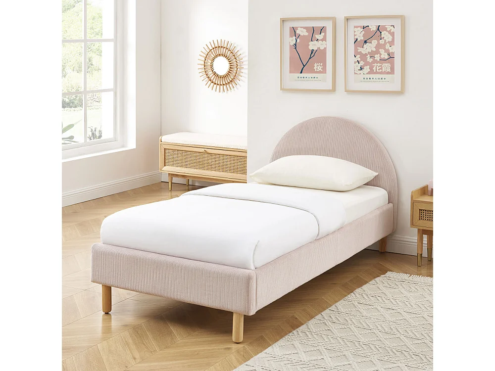 Lit enfant MAGNUS velours côtelé rose poudré 90x190 sommier inclus