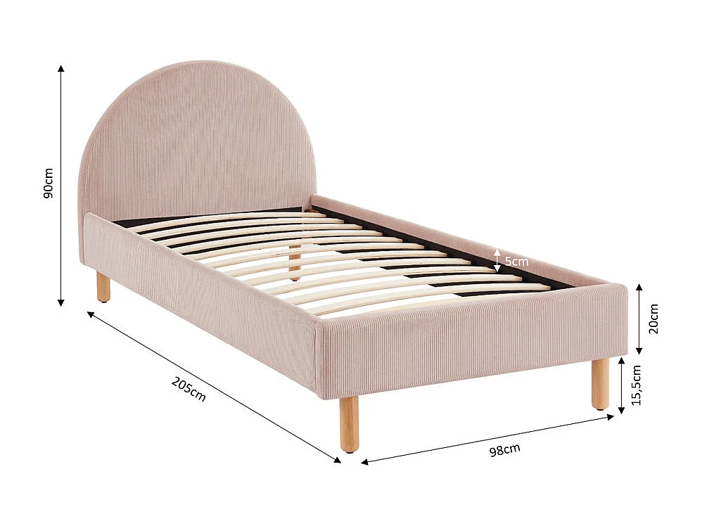 Lit enfant MAGNUS velours côtelé rose poudré 90x190 sommier inclus