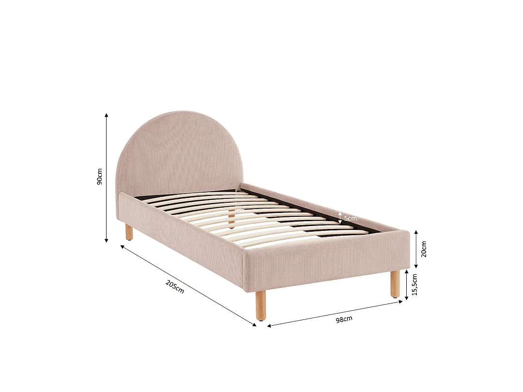 Lit enfant MAGNUS velours côtelé rose poudré 90x190 sommier inclus
