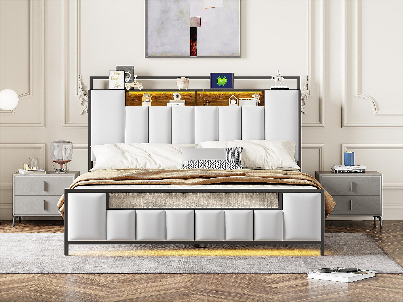 Lit Double 160x200cm Avec Rangement Et LEDs - Tête De Lit Velours, Sommier à Lattes, Couleur Beige
