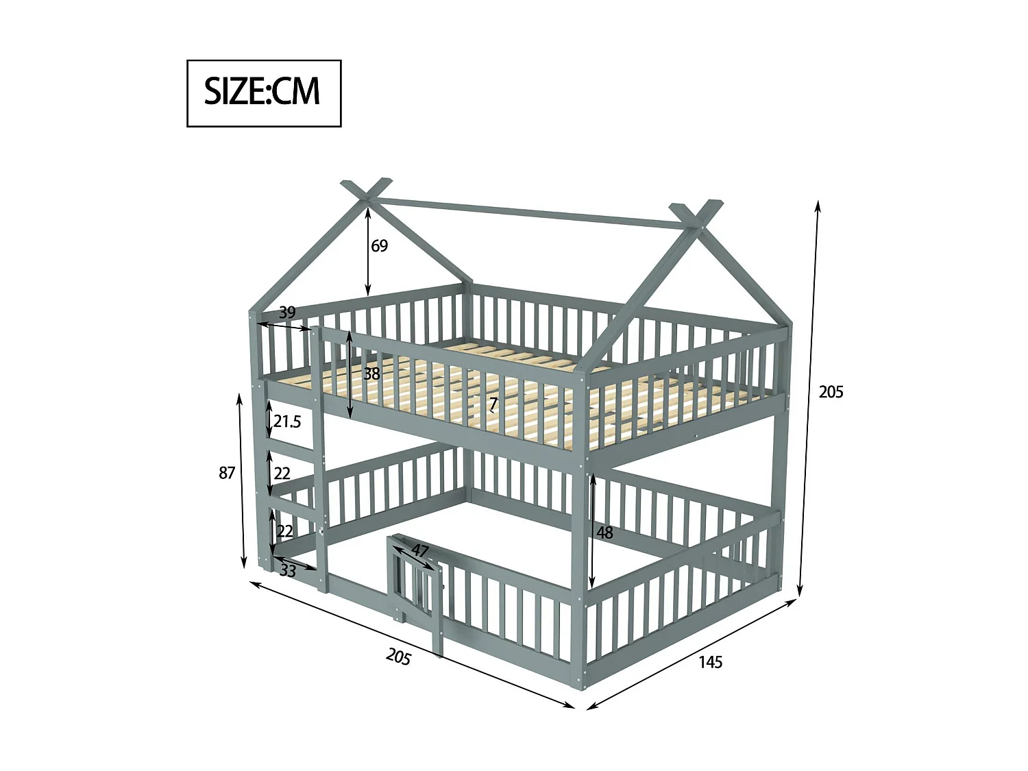Letto a castello 140x200 cm - legno massiccio - con scaletta - Grigio