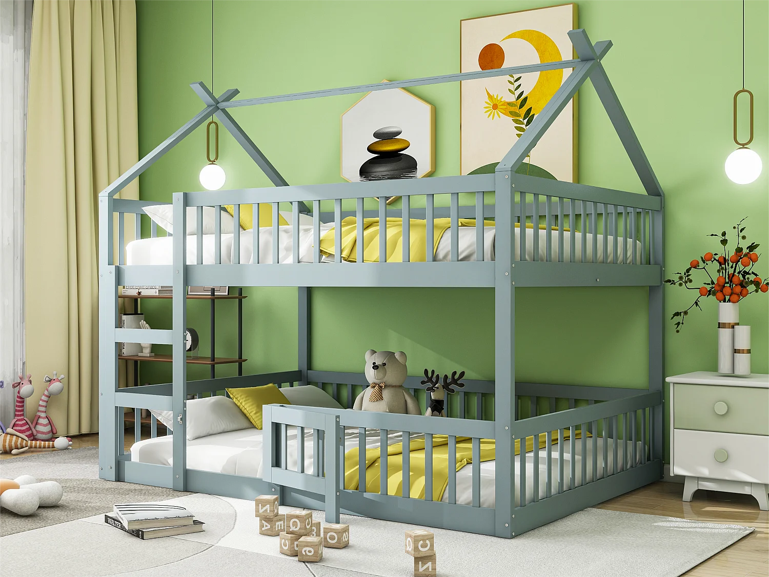 Etagenbett 140x200cm – Massivholz – mit Treppe – Grau