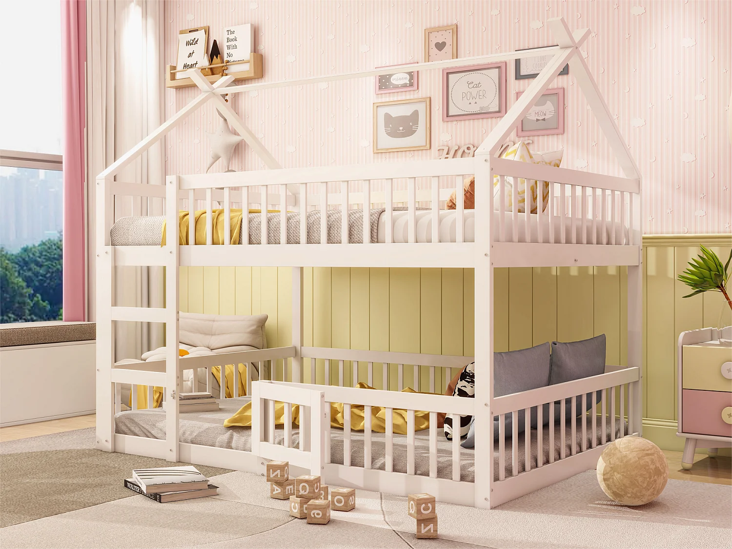 Lit superposé 140x200cm - en bois massif- avec escalier - Blanc