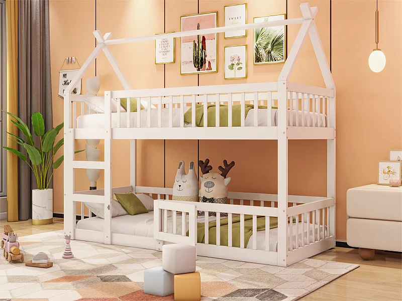 Stapelbed 90x200cm - massief hout - met trap - Wit