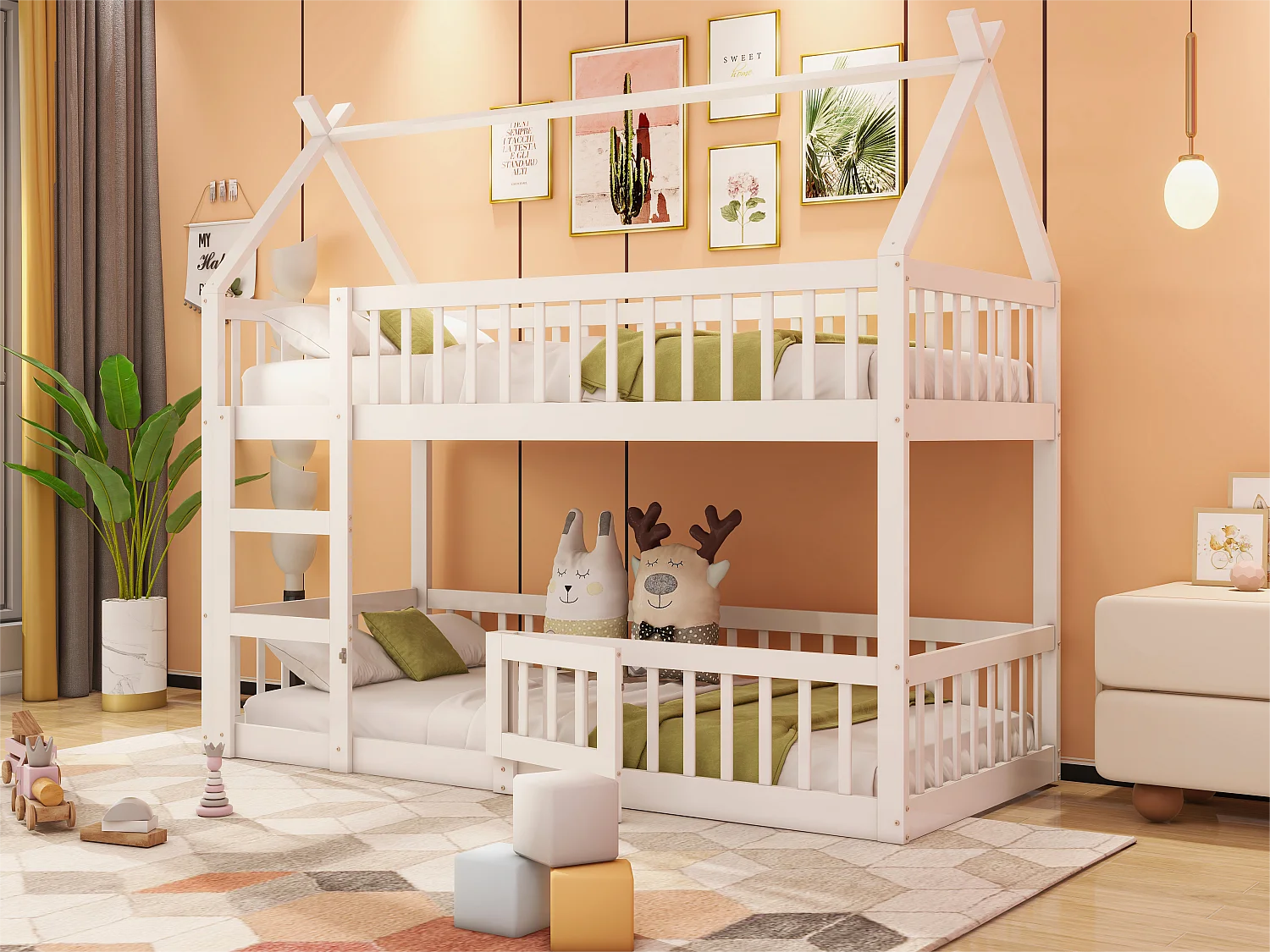 Lit superposé 90x200cm - en bois massif- avec escalier - Blanc