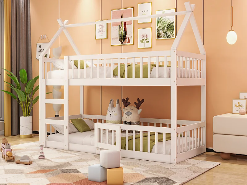 Lit superposé 90x200cm - en bois massif- avec escalier - Blanc