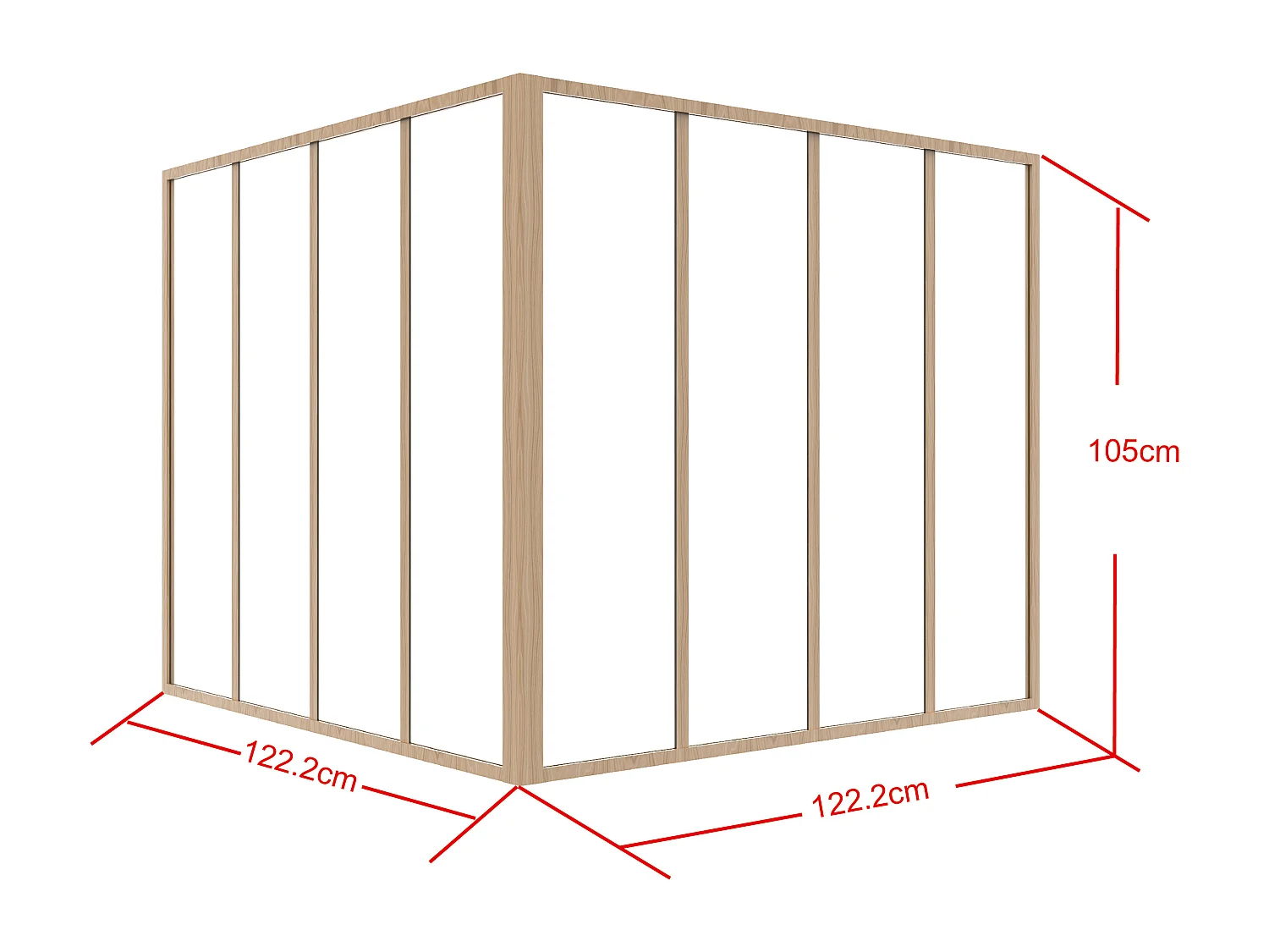 Glaswand Ecklösung - 120 x 120 x 105 cm - thermolackiertes Aluminium - Holzfarben hell - BAYVIEW