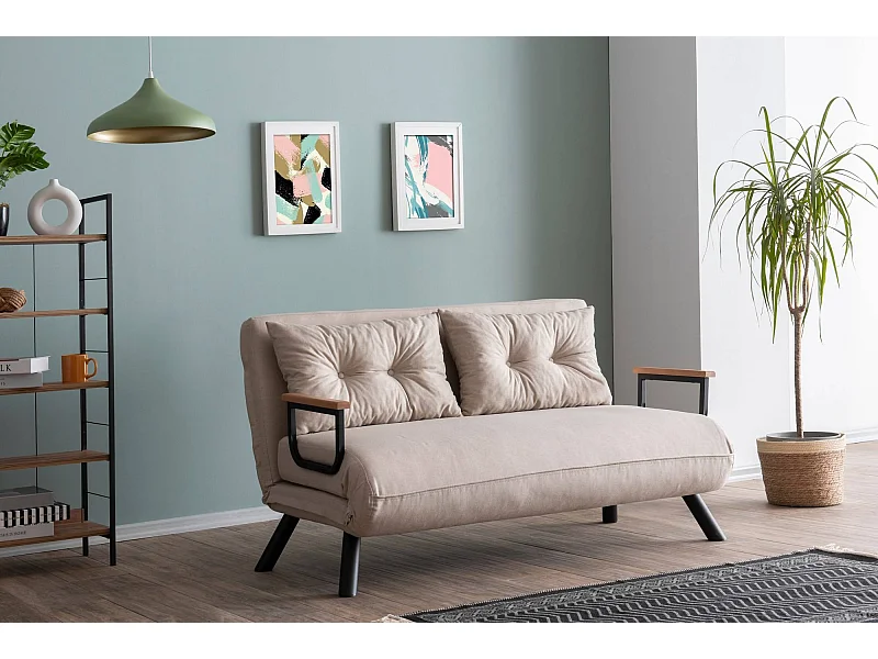 Canapé 2 places convertible Yolanda Métal Noir et Lin Blanc crème