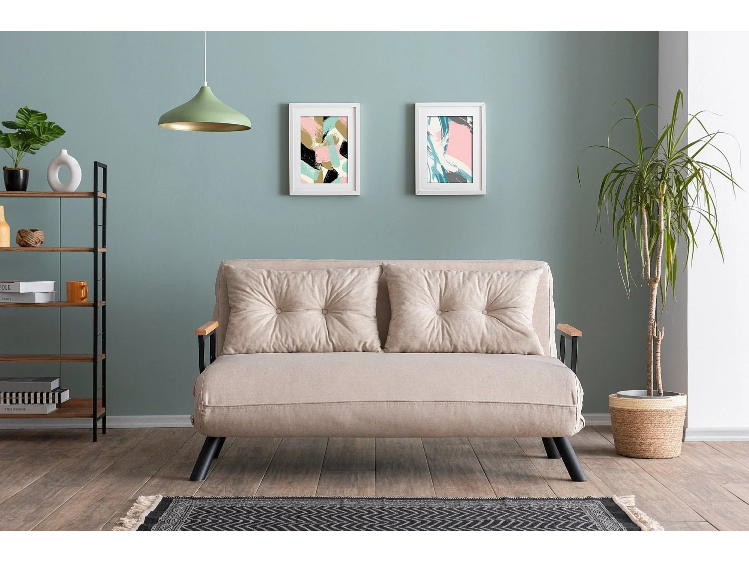 Canapé 2 places convertible Yolanda Métal Noir et Lin Blanc crème