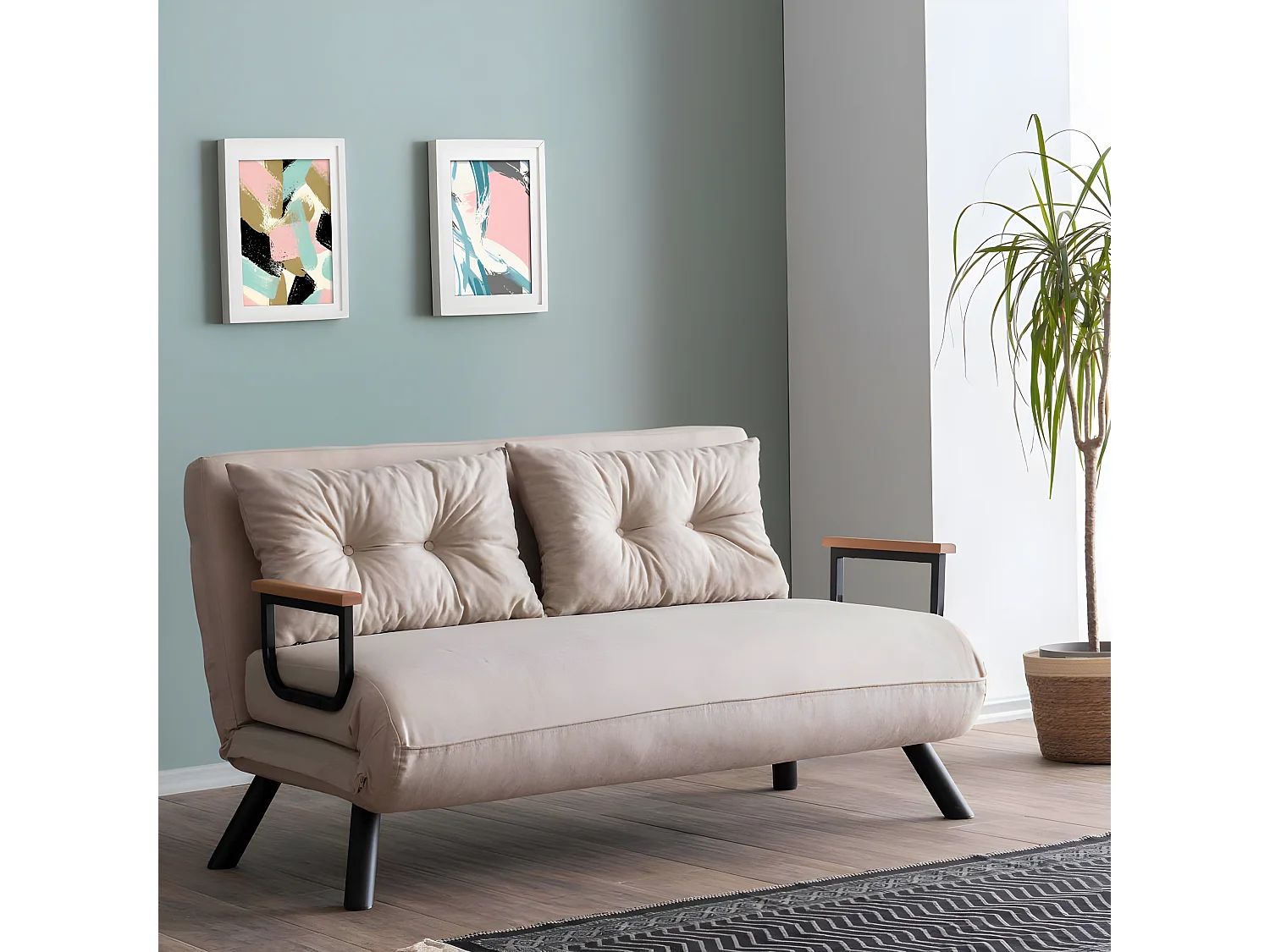 Canapé 2 places convertible Yolanda Métal Noir et Lin Blanc crème