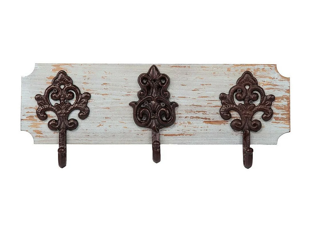 Percha de pared de madera y metal 3 ganchos azul 40x13x10