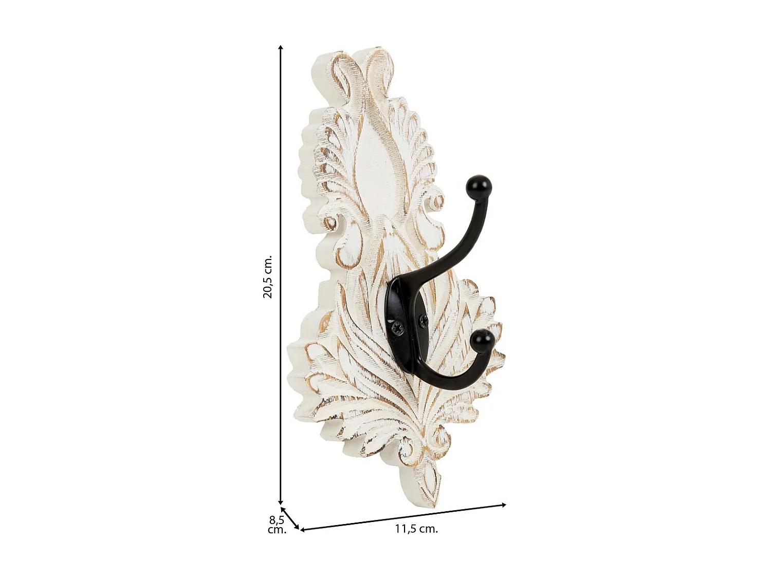 Appendiabiti da parete in legno bianco intagliato 11,5x8,5x20,5h