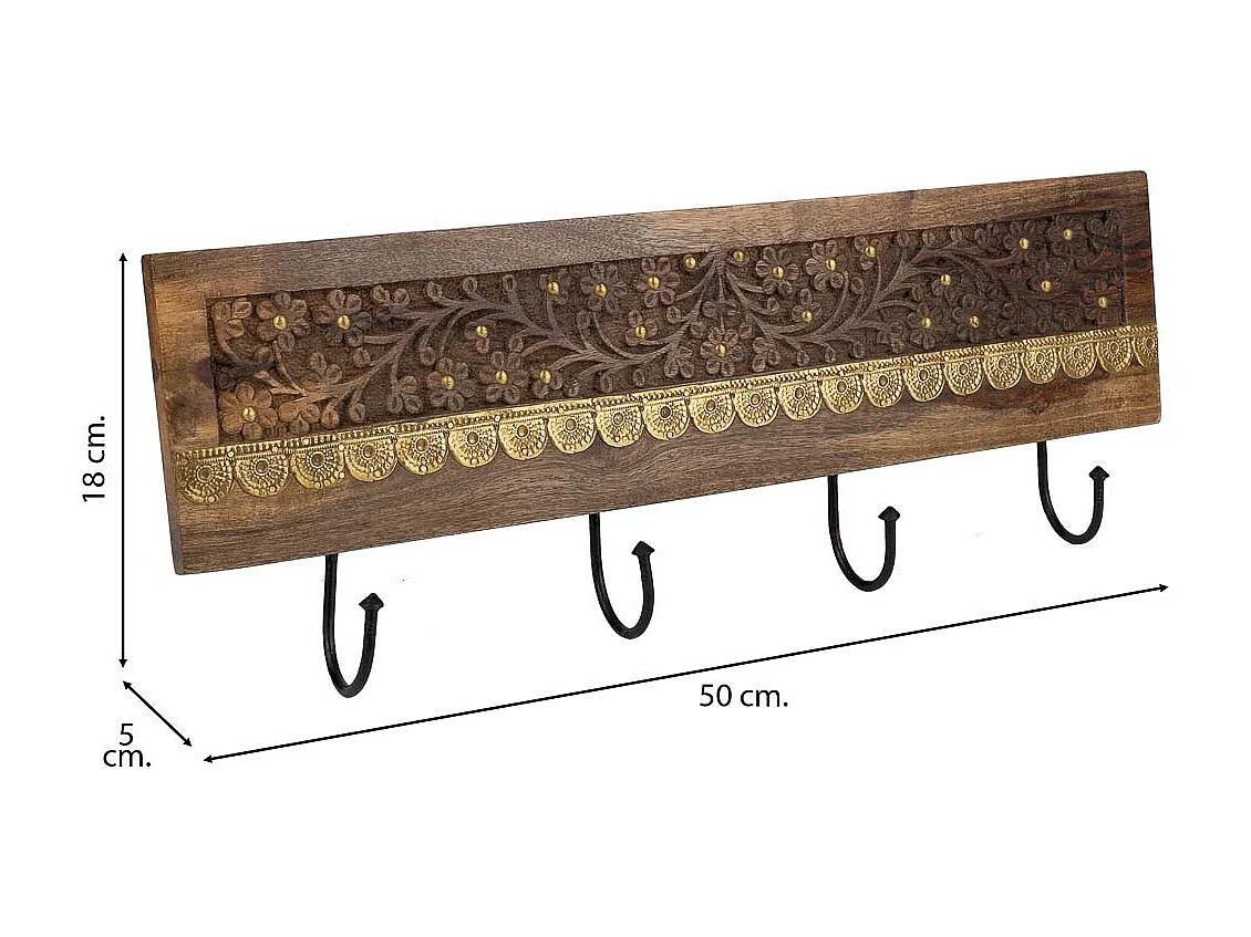 Portabito in legno con 4 ganci marrone 50x5x18h