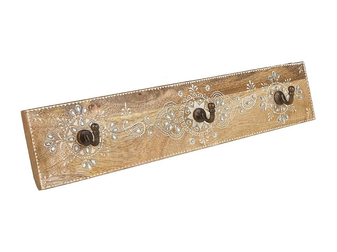 Portabito in legno con 3 ganci verniciato a mano marrone 48x5x10h