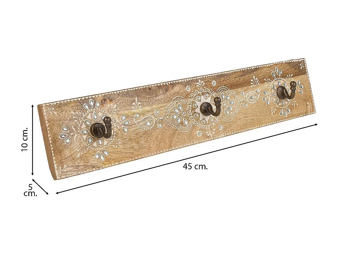Portabito in legno con 3 ganci verniciato a mano marrone 48x5x10h
