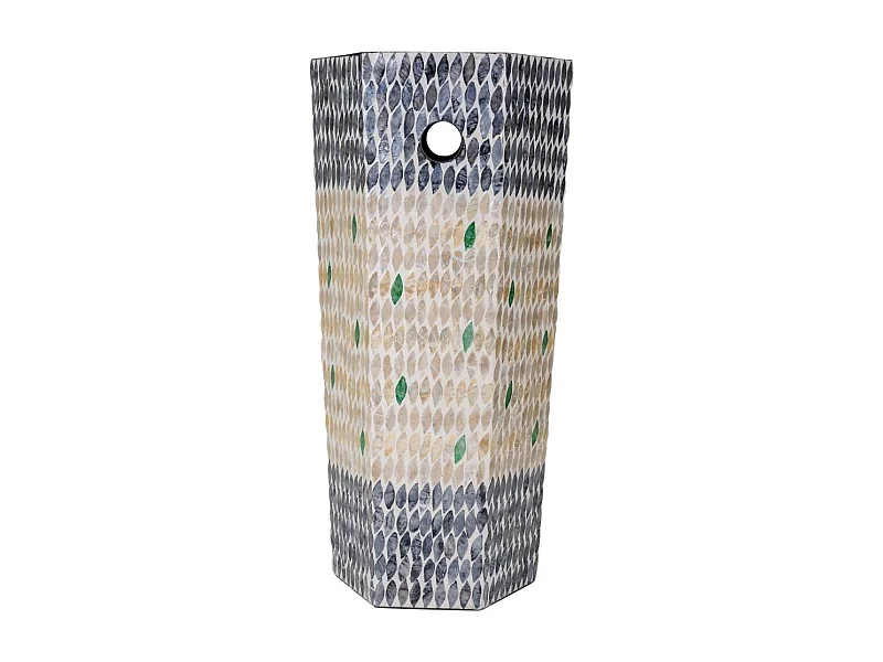 Fünfeckiger SchirmstÃ¤nder aus Holz mit weißem Capiz-Finish, 24x24x58h cm