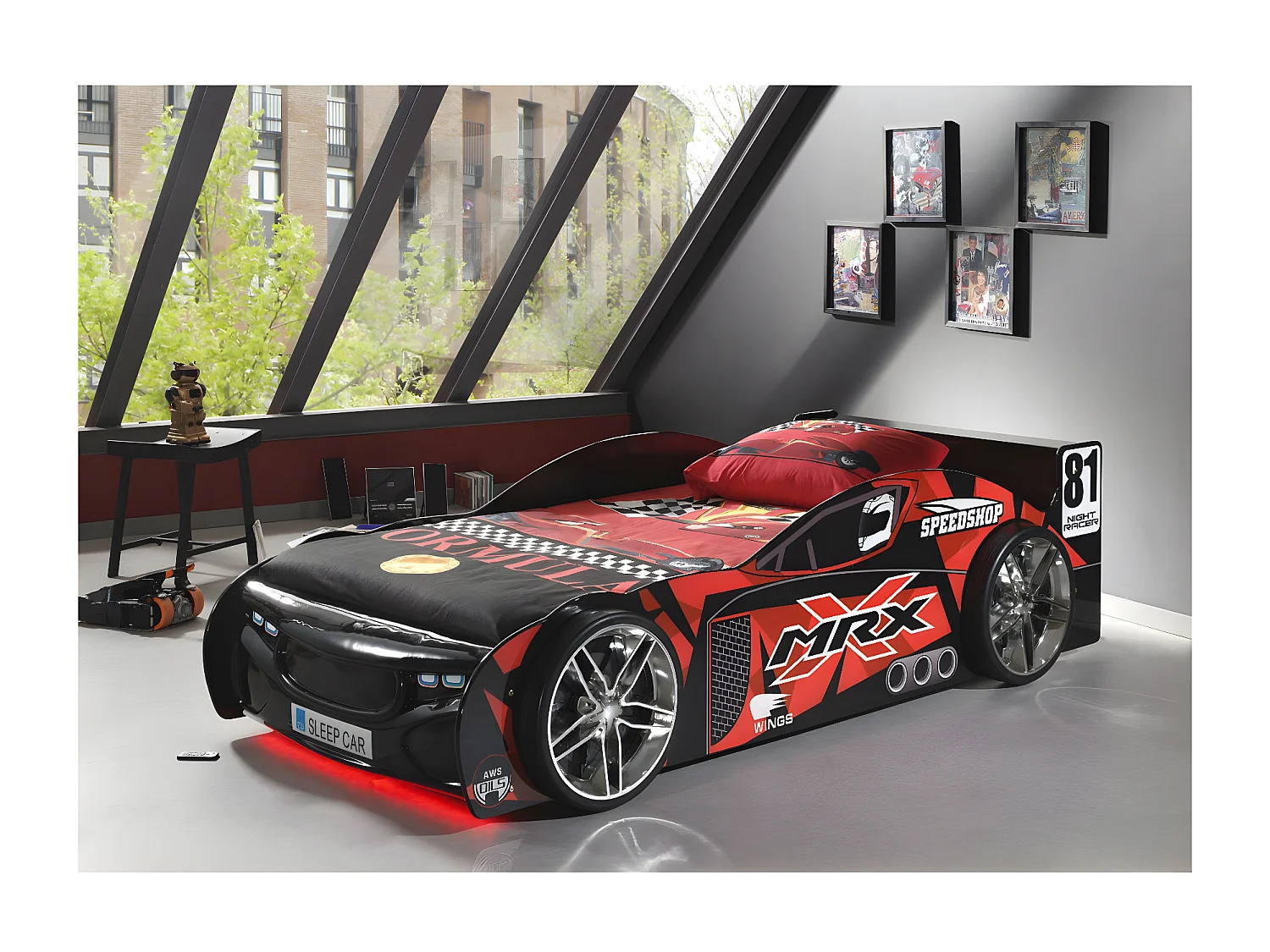 Pack - Lit Enfant Voiture & Matelas "MRX" 90x200cm Noir