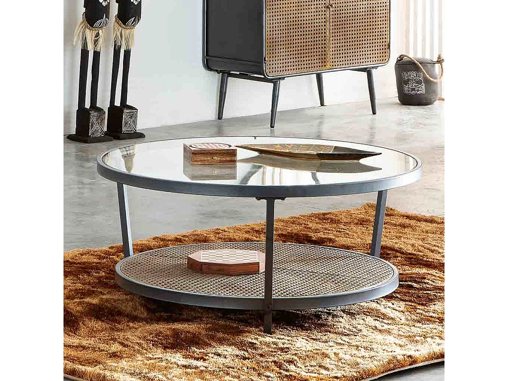 Runder Couchtisch aus Metall und braunem Glas, 91 x 91 x 41,5 h cm