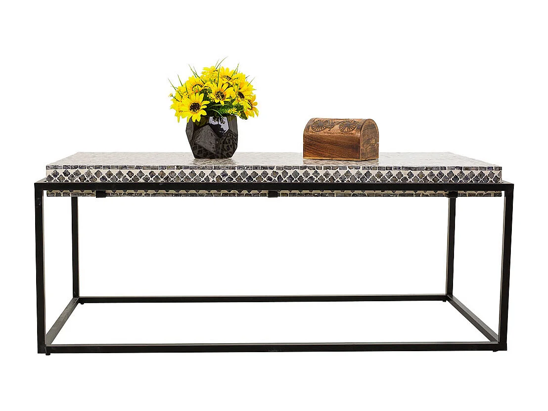 Mesa de centro retangular de madeira com acabamento em capiz cinza 124x60x49