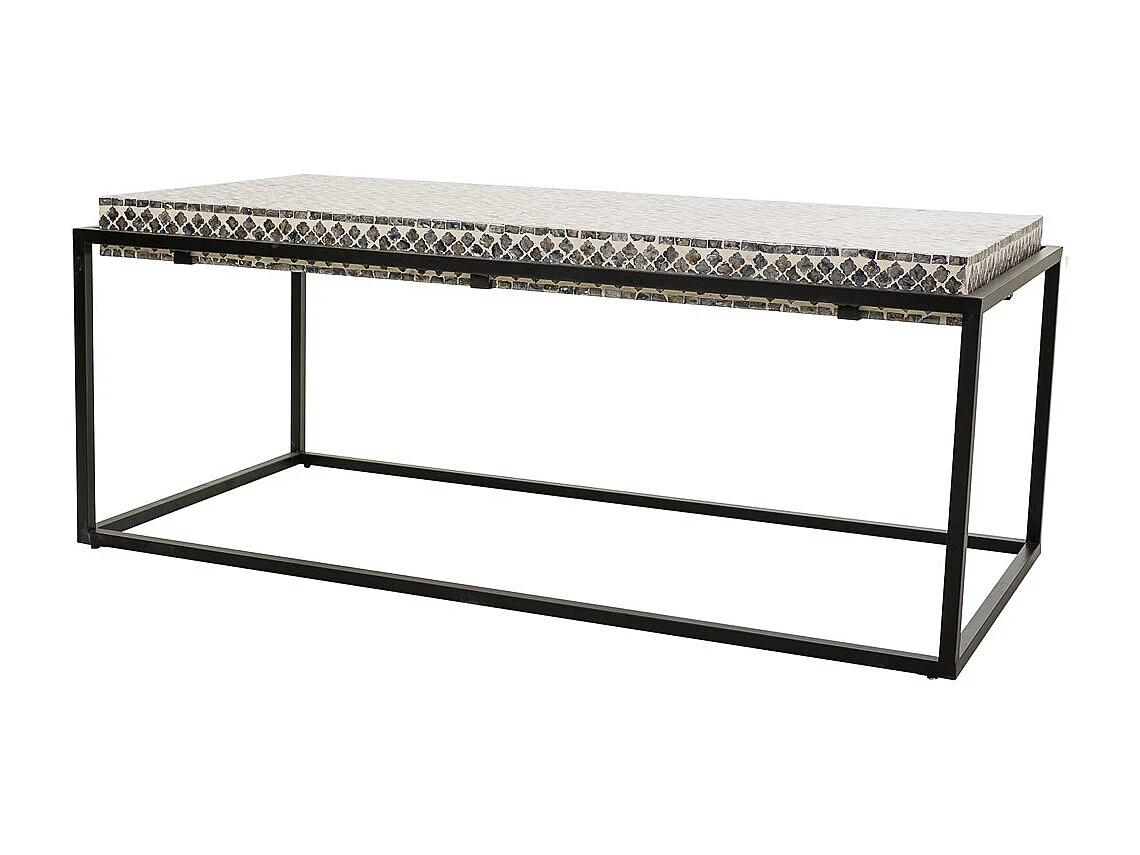 Mesa de centro retangular de madeira com acabamento em capiz cinza 124x60x49