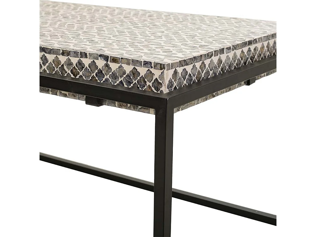 Mesa de centro retangular de madeira com acabamento em capiz cinza 124x60x49