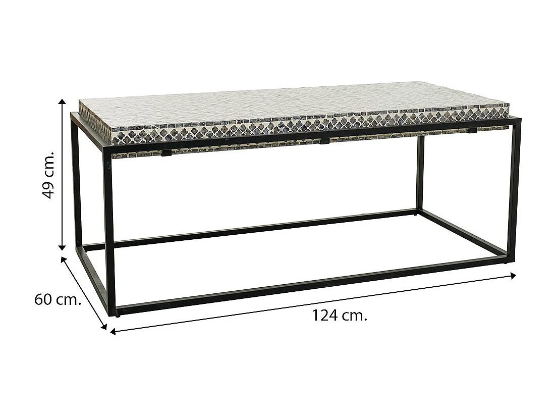 Tavolino rettangolare in legno rifinito in capiz grigio 124x60x49h