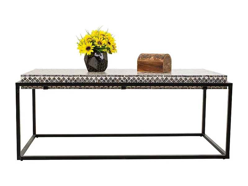 Mesa de centro retangular de madeira com acabamento em capiz cinza 124x60x49