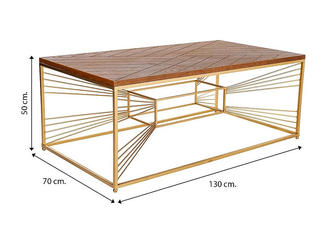 Mesa de centro em madeira dourada e metal 130x70x50
