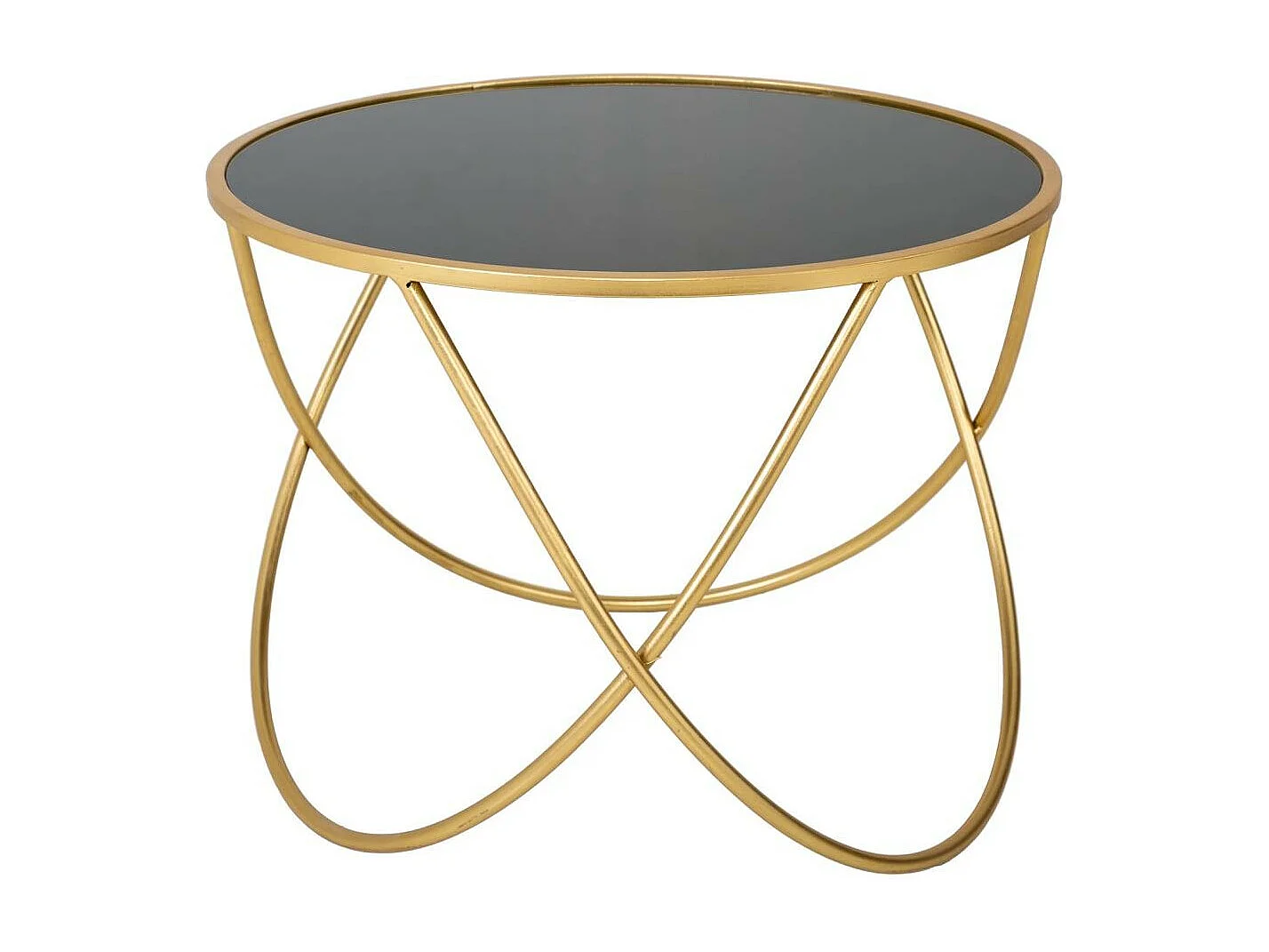 Mesa auxilar redonda de metal dorado con superficie de cristal d60x45