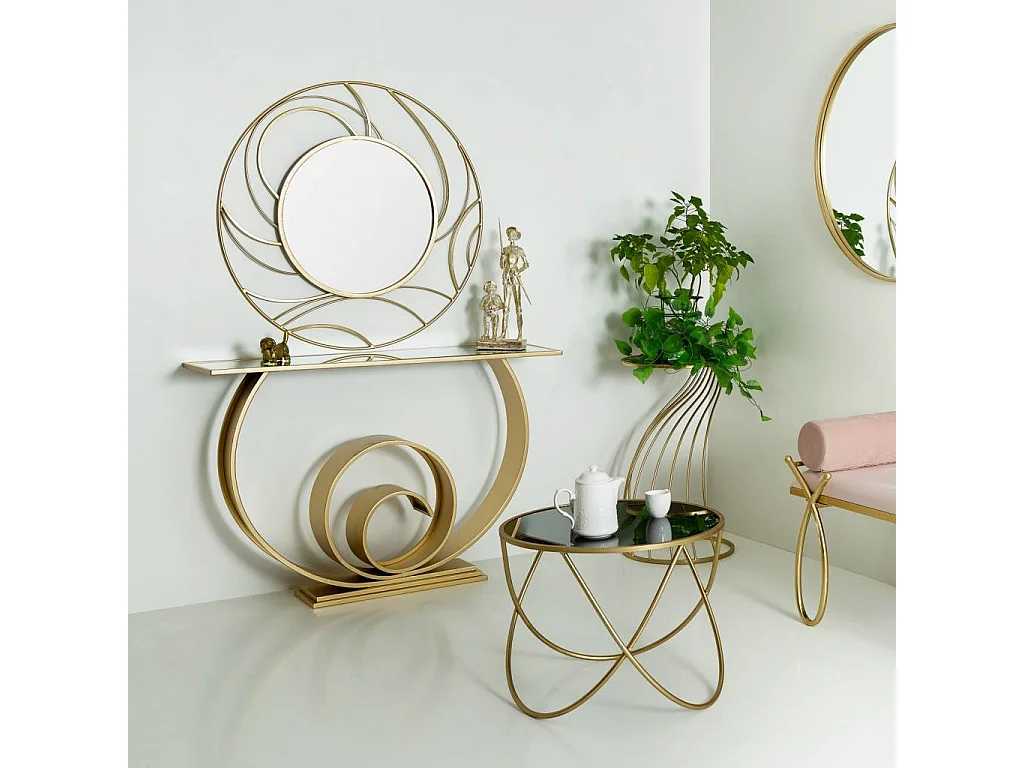 Mesa lateral redonda de metal dourado com tampo de vidro d60x45