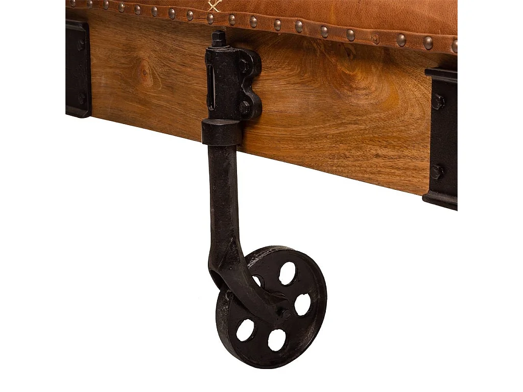 Couchtisch aus Holz, Metall und braunem Leder, 165 x 90 x 52 h cm