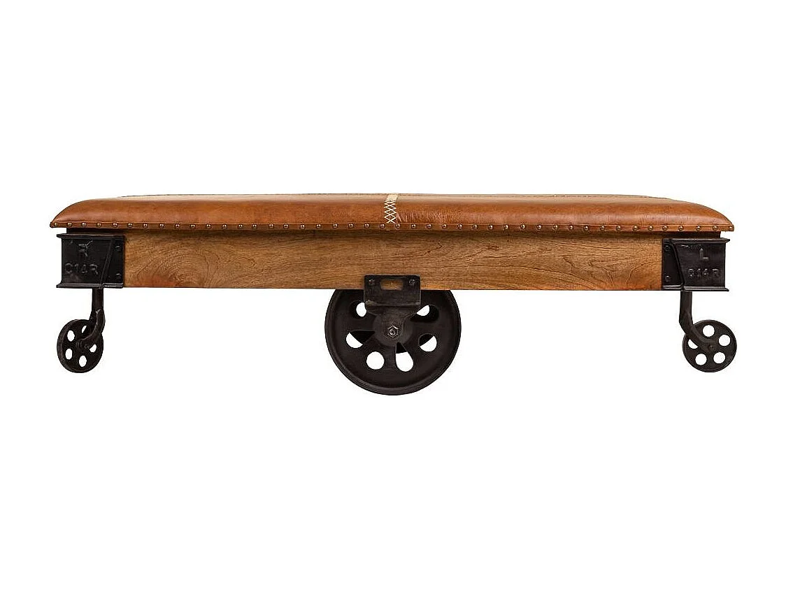 Tavolino in legno, metallo e pelle marrone 165x90x52h