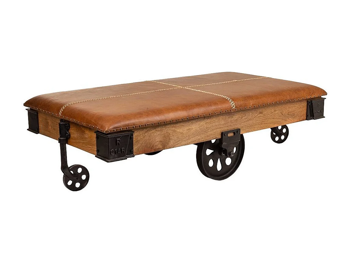 Tavolino in legno, metallo e pelle marrone 165x90x52h