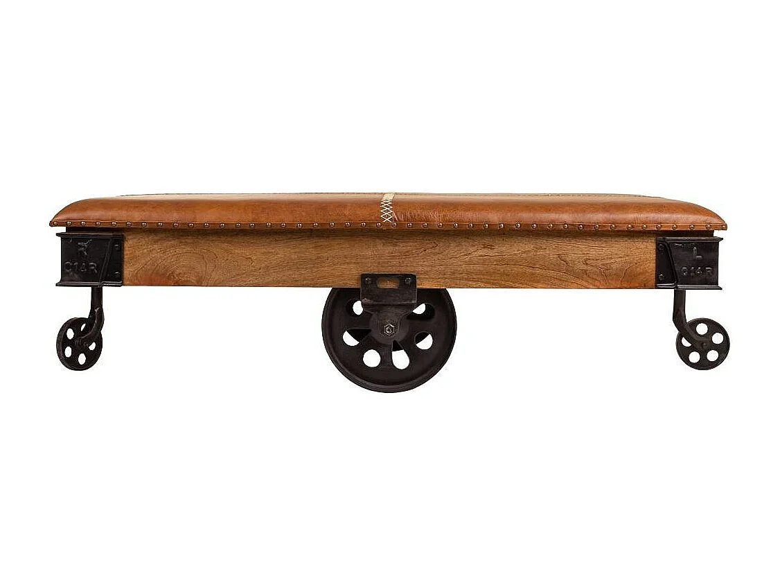 Tavolino in legno, metallo e pelle marrone 165x90x52h