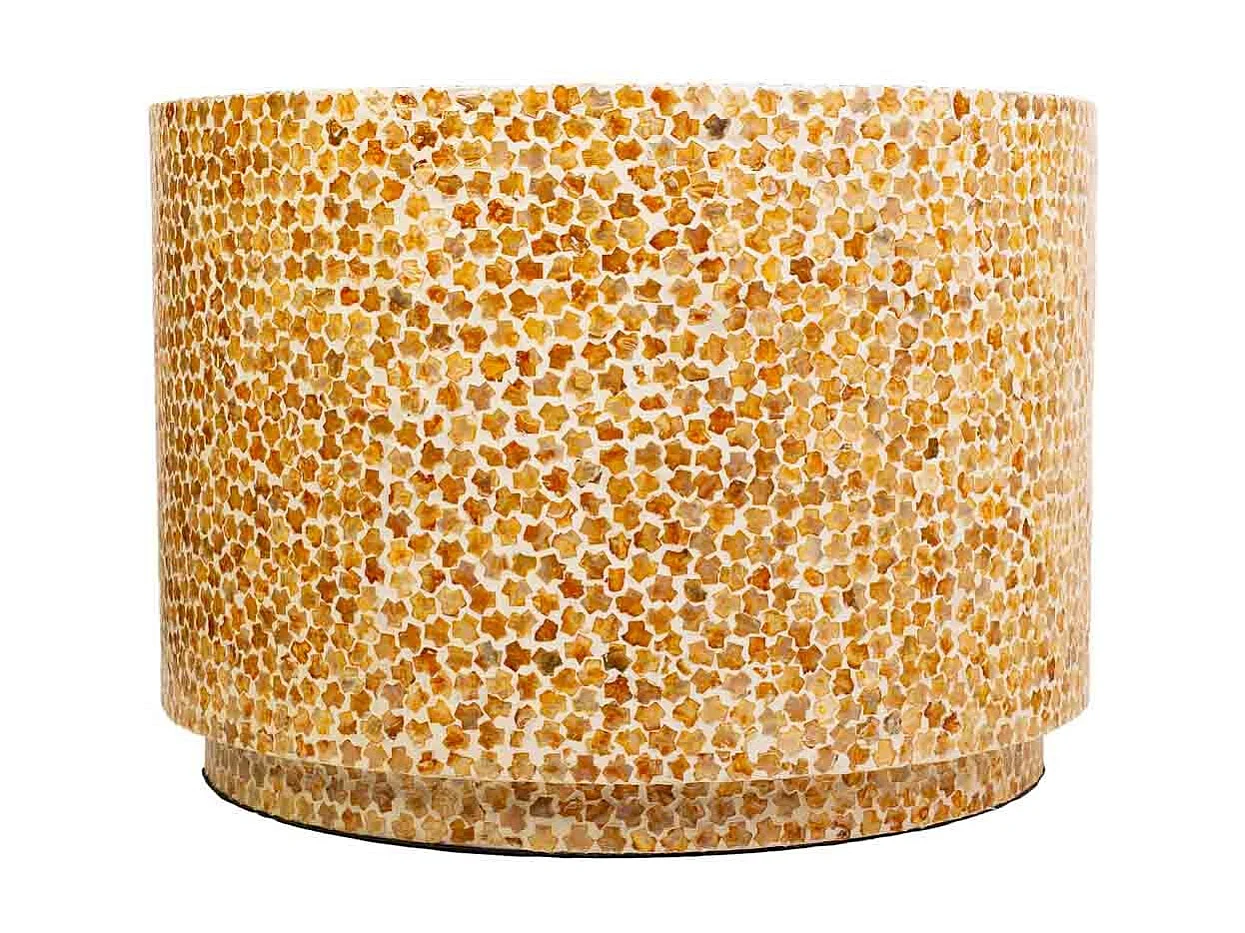 Table basse ronde en bois avec finition en capiz marron 65x65x46h