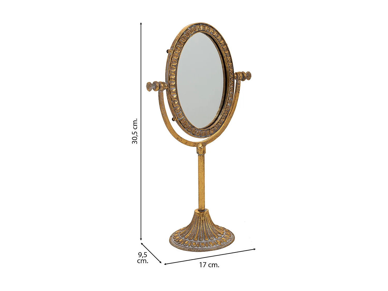 Espelho de maquiagem em resina com suporte dourado 17x9,5x30,5