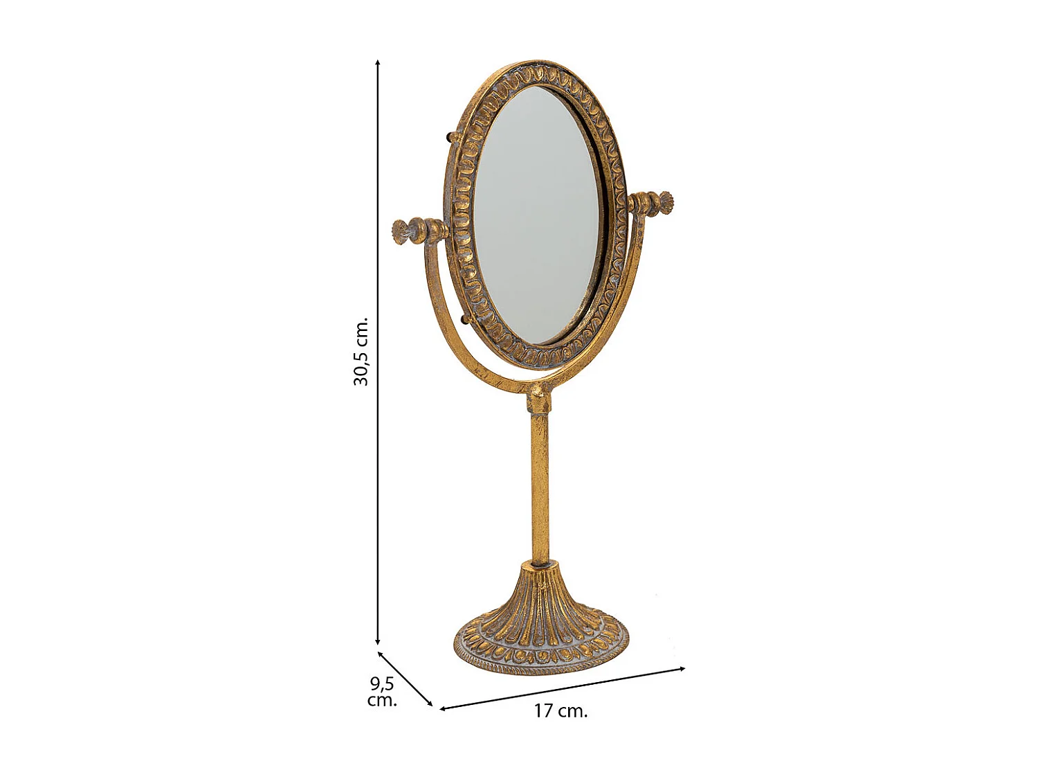 Specchio cosmetico in resina con supporto dorato 17x9,5x30,5h