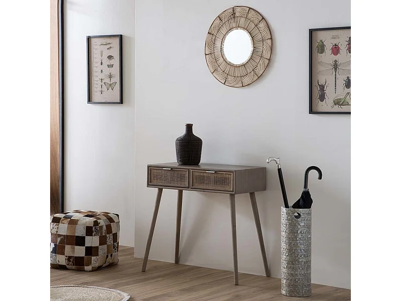 Miroir rond en rotin marron 61x61x03h