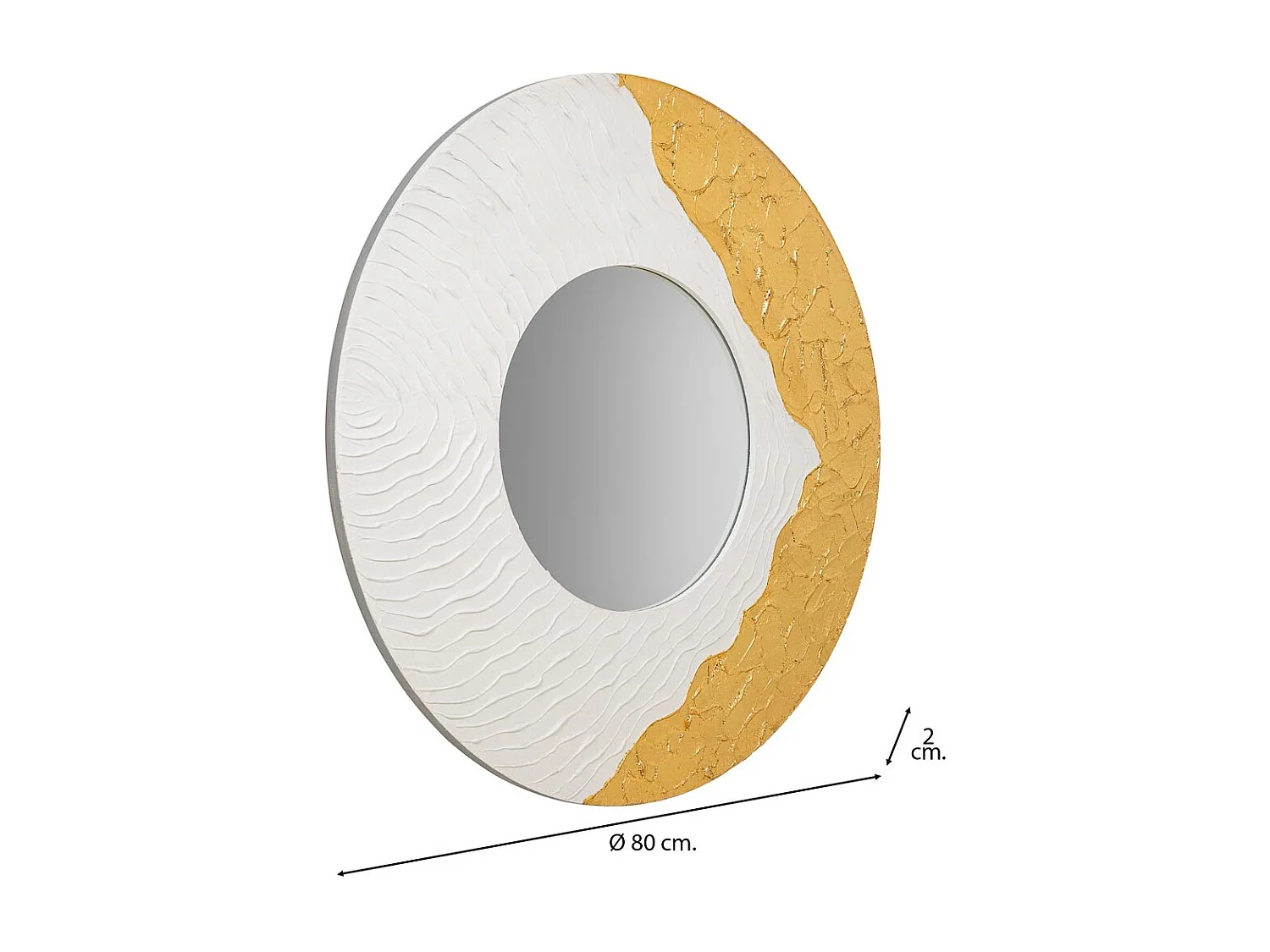 Espelho redondo de madeira com relevo branco d80x2