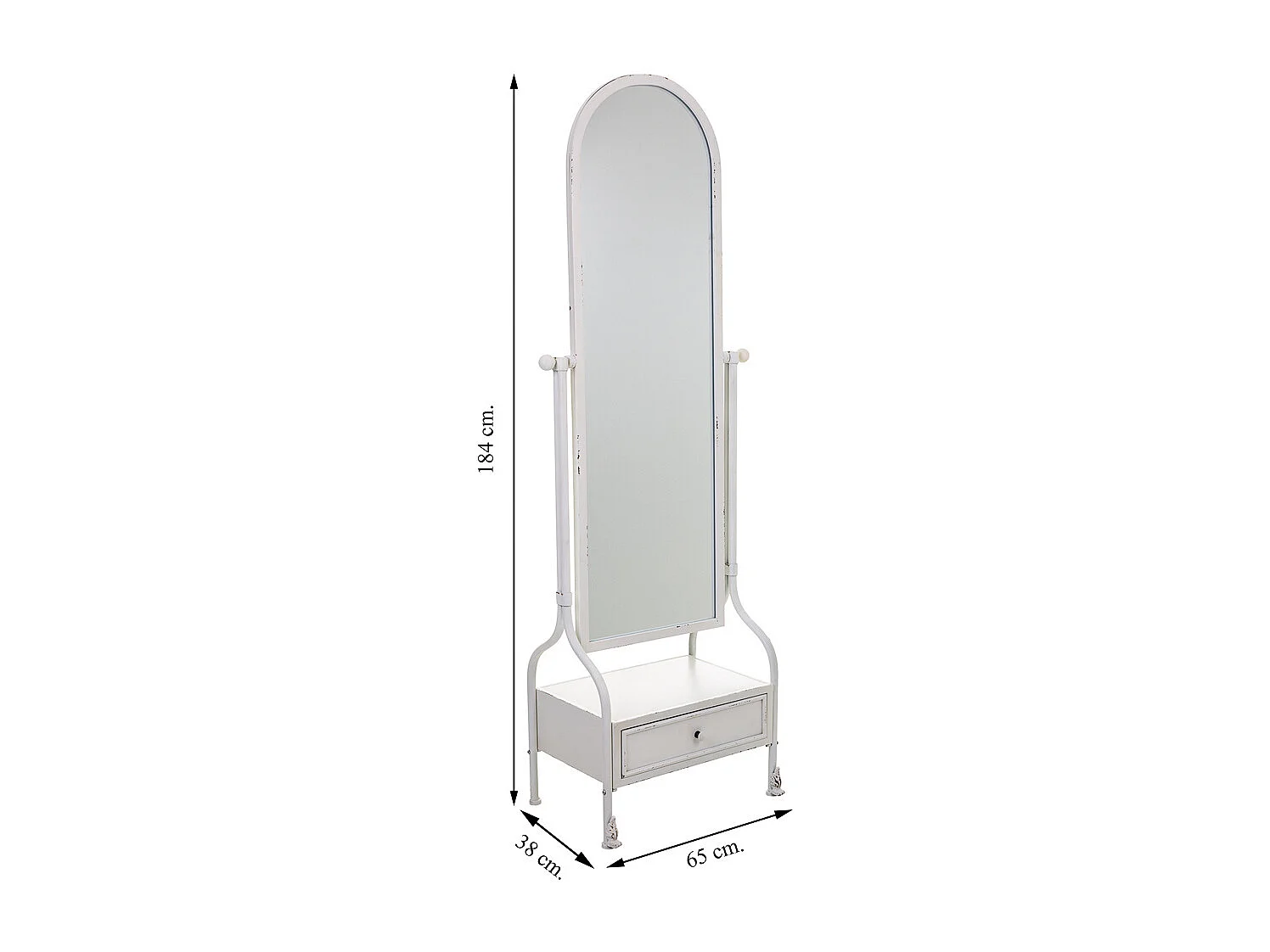 Miroir sur pied avec tiroir en métal blanc 65x38x184h