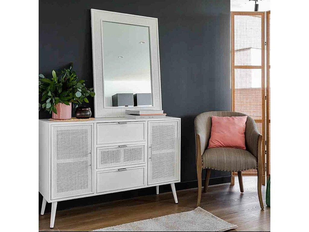 Espelho de madeira e grade branca 70x2,5x100